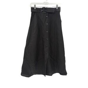 & Other Stories Linen Blend Black A-Line Button-Front Midi Skirt with Belt 2